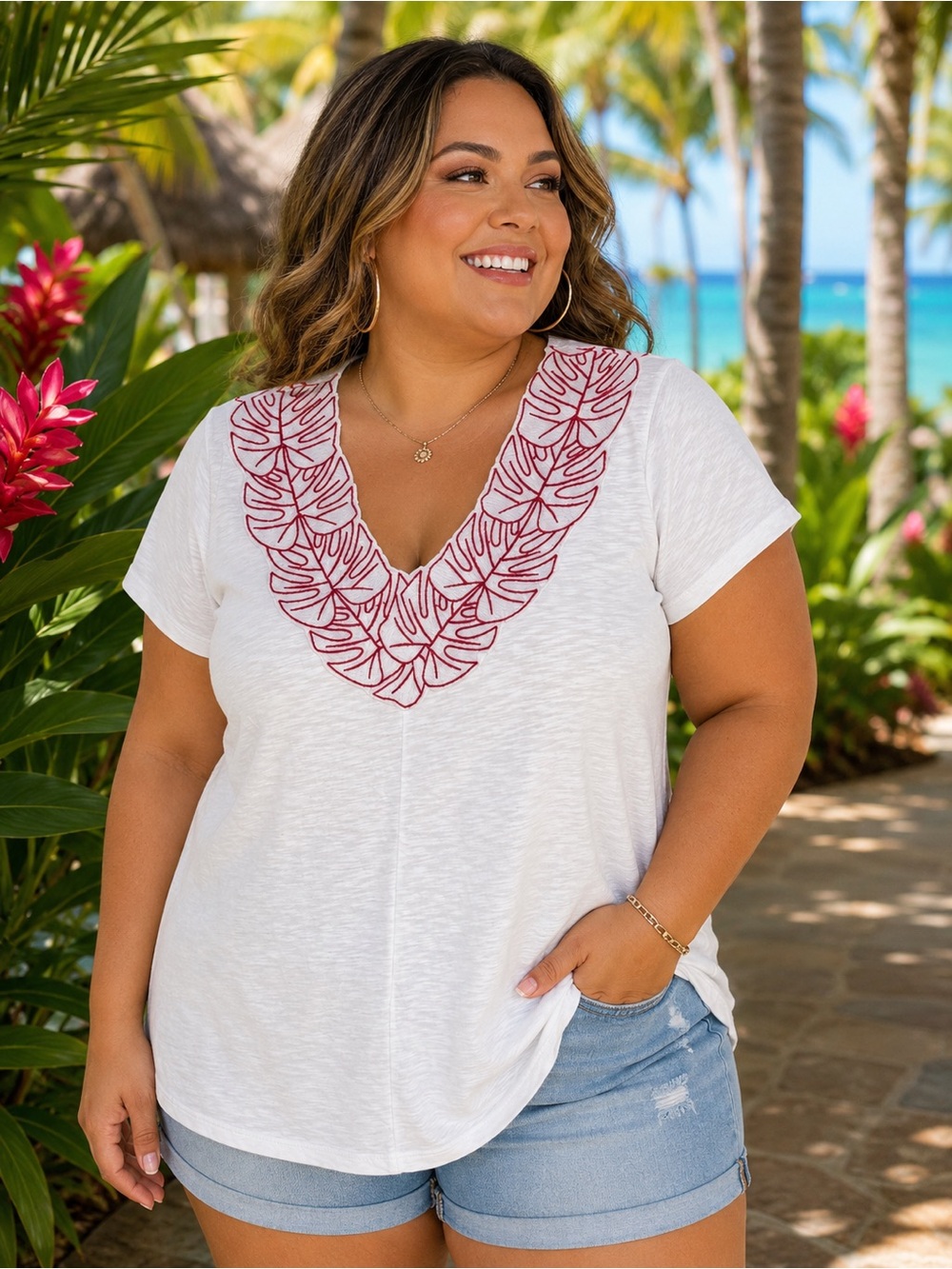 Soft Surroundings White Archipelago Embroidered Tropical Top Size XL
